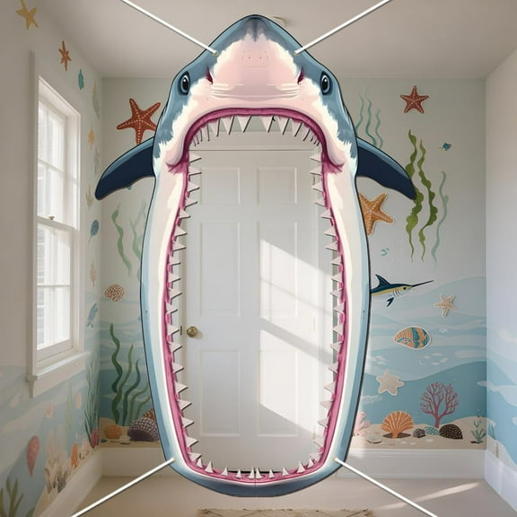 Birthday Party Decor 5.1x7.6 Ft Attack Photo Door Banner Large Sea Animal Face in Hole Hanging Porch Banner for Ocean Theme Birthday Party Supplies Home Indoor Outdoor Decor