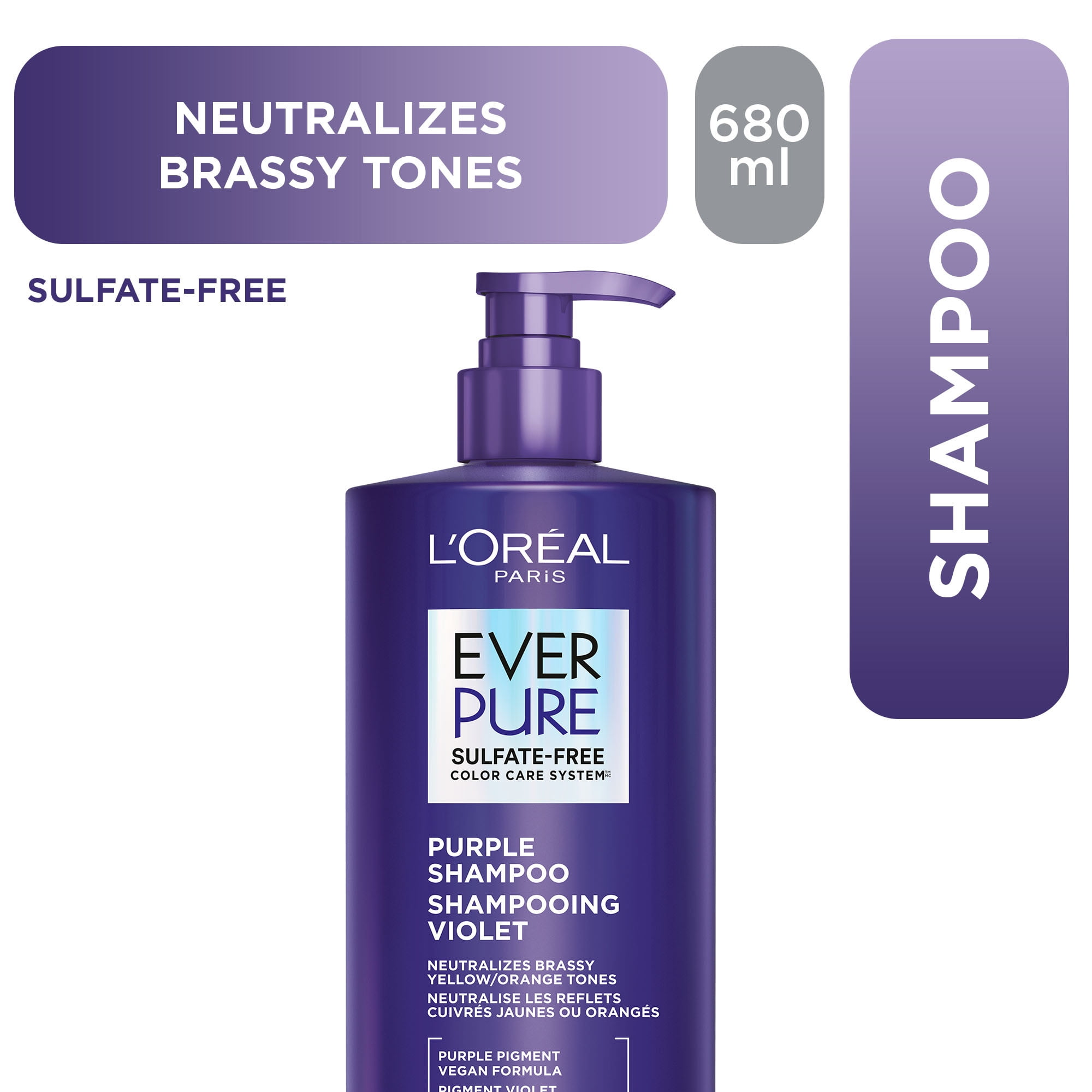 L'Oreal Paris EverPure Sulfate Free Purple Shampoo for Blonde, Bleached, Highlighted Brown, and Silver Hair, 680ml