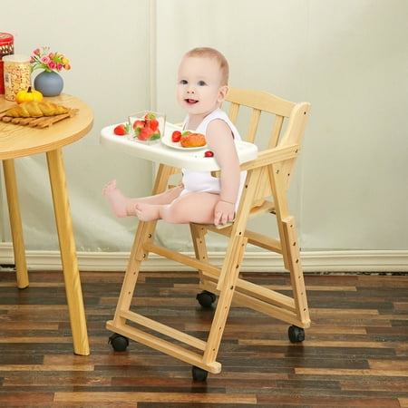 Convertible Wooden High Chair Baby Toddler Highchair w/ Feeding Tray Play Table Seat Booster Toddler with 4