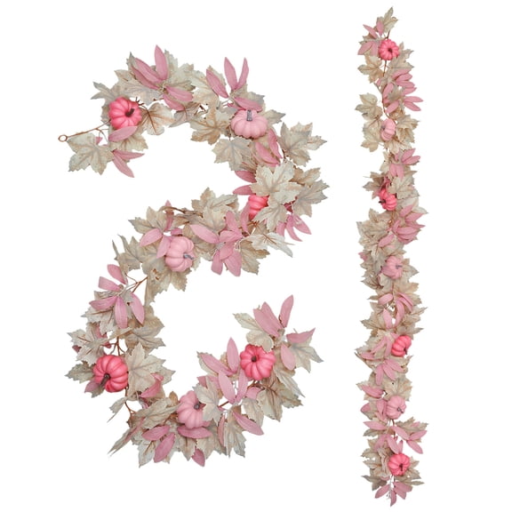 Pink Pumpkins Fall Garland for Mantle, 5.7FT White Maple Leaves Garland Thanksgiving Table Centerpiece, Autumn Decorations for Home Porch Fireplace Outdoor Halloween Decor