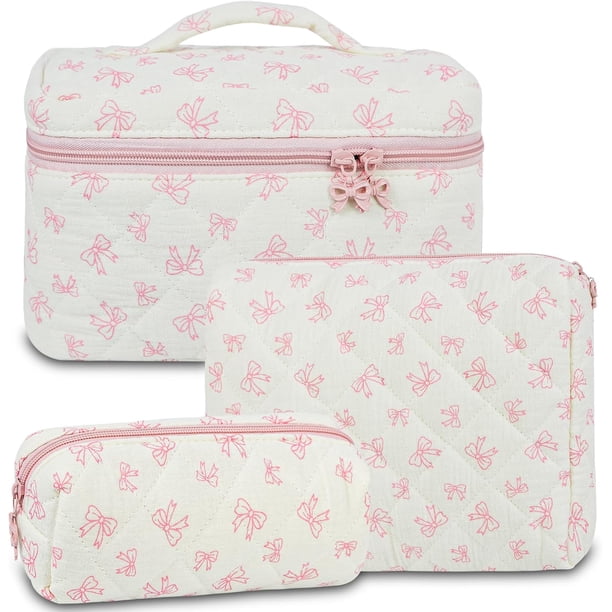 bolsas de maquillaje acolchadas de algodón para viajes, bolsa de cosméticos con diseño floral, bolsa de aseo grande para mujeres y niñas, Bow-Pink3, Diario