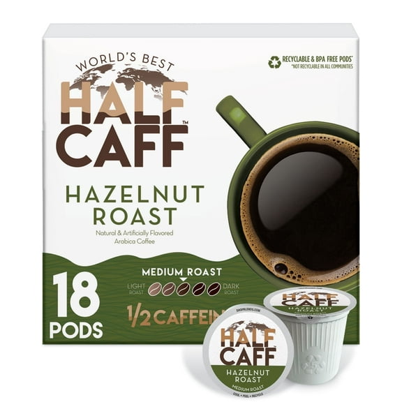 World's Best Half Caff Hazelnut Coffee 18ct. Solar Energy Produced Recyclable Single Serve Half Caff Hazelnut Coffee Pods - 100% Arabica Coffee California Roasted, KCup Compatible