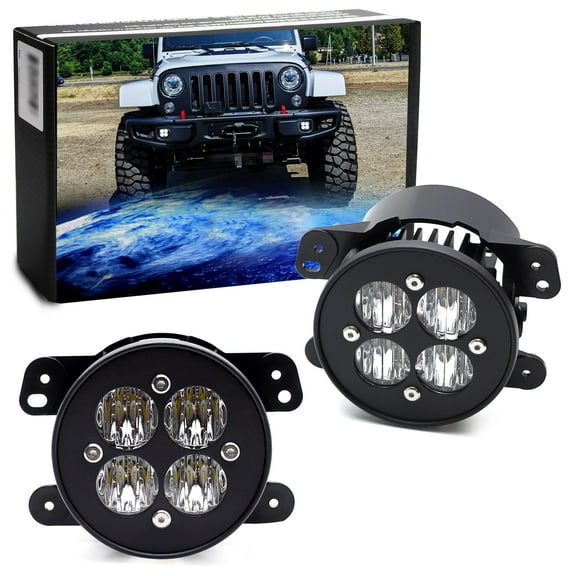Clear Lens 4-In 24W High Power LED Wide Angle SAE Flood Beam Fog Light Kit w/Built-On Mounting Brackets For Jeep Wrangler JK JL, etc