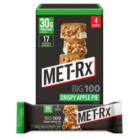 MET-Rx Big 100 High Protein Meal Replacement Bars, Crispy Apple Pie, 30g Protein, 3.52 oz, 4 Count
