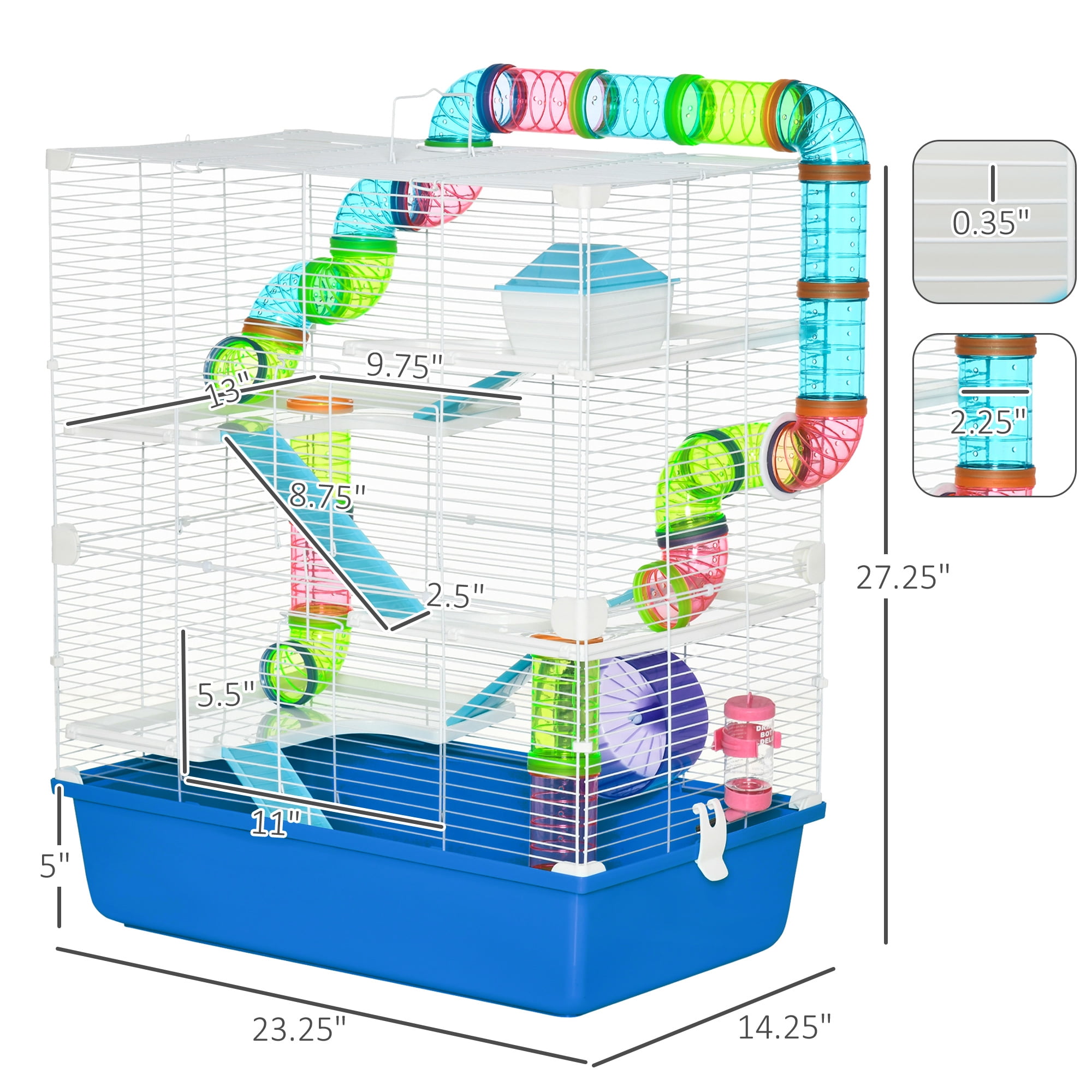 Extra Large 23" Hamster Cage with Tubes and Tunnels, Portable Carry Handles, Rat House and Habitats Big 5-Tier Design, Includes Exercise Wheel, Water Bottle, Food Dish, Blue