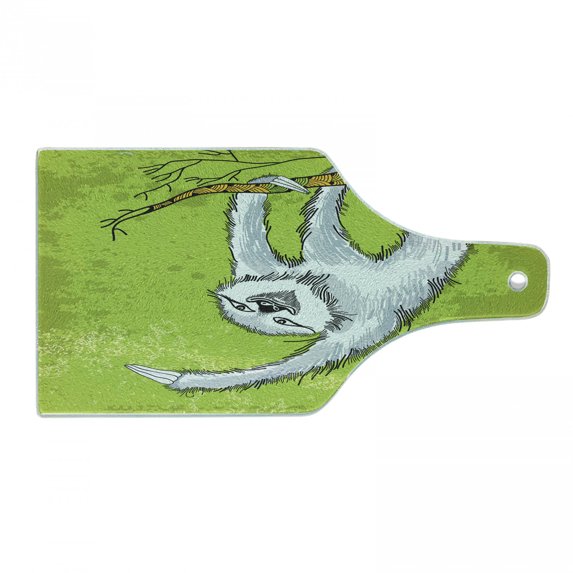 Sloth Cutting Board, Smiling Sloth Clutches Hanging on a Branch Habitat Wildlife, Decorative Tempered Glass Cutting and Serving Board, Wine Bottle Shape, Pale Grey Green White, by Ambesonne
