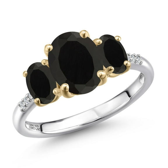 Gem Stone King 925 Silver and 10K Yellow Gold Black Onyx and Lab Grown Diamond Engagement Ring for Women | 2.86 Cttw | Oval 9X7MM | December Birthstone | Size 5