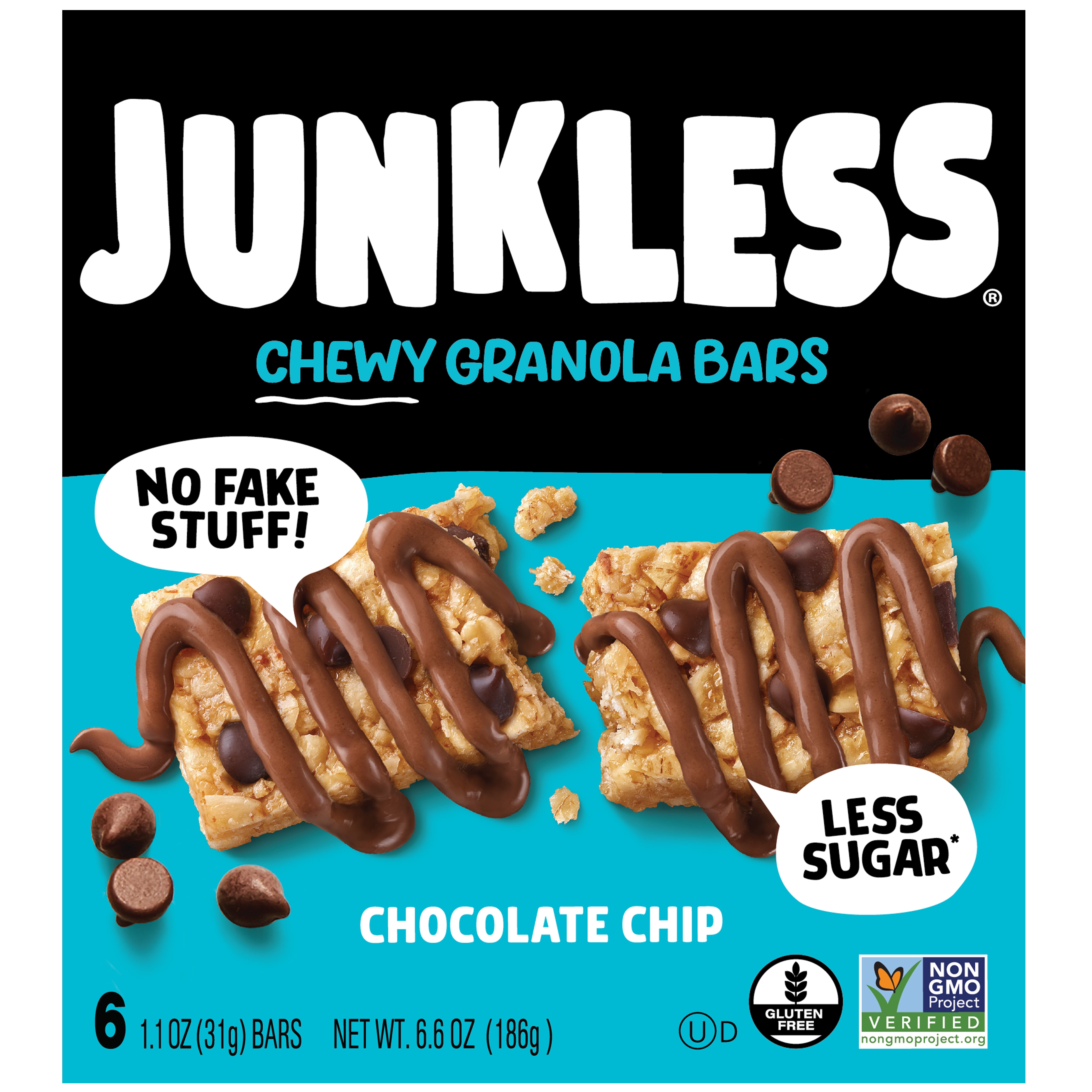 (8 pack) JUNKLESS Chewy Granola Bars, Chocolate Chip, Less Sugar, Gluten Free, Non-GMO, 1.1 oz, 6 Count