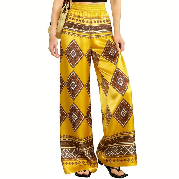 Pantalones Elásticos Estampados de Satén para Mujeres, Cintura Elástica con Bolsillos, Pantalones Casuales Elegantes para Vacaciones Y Fiesta