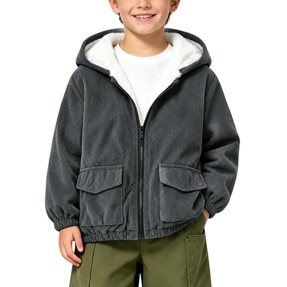 Cethrio Boys Sherpa Lined Jacket, Full Zip Corduroy Elastic Cuffs Warm Winter Outerwear with Pockets Gray Size 5-6 Years