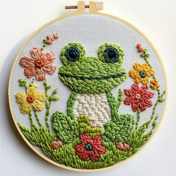 Punch Needle Kits Cute Frog and Flowers Embroidery Starter Set with Hoop Easy for Beginners DIY Stress Relief Handmade Craft Hobby and Home Decor 20x20cm-1
