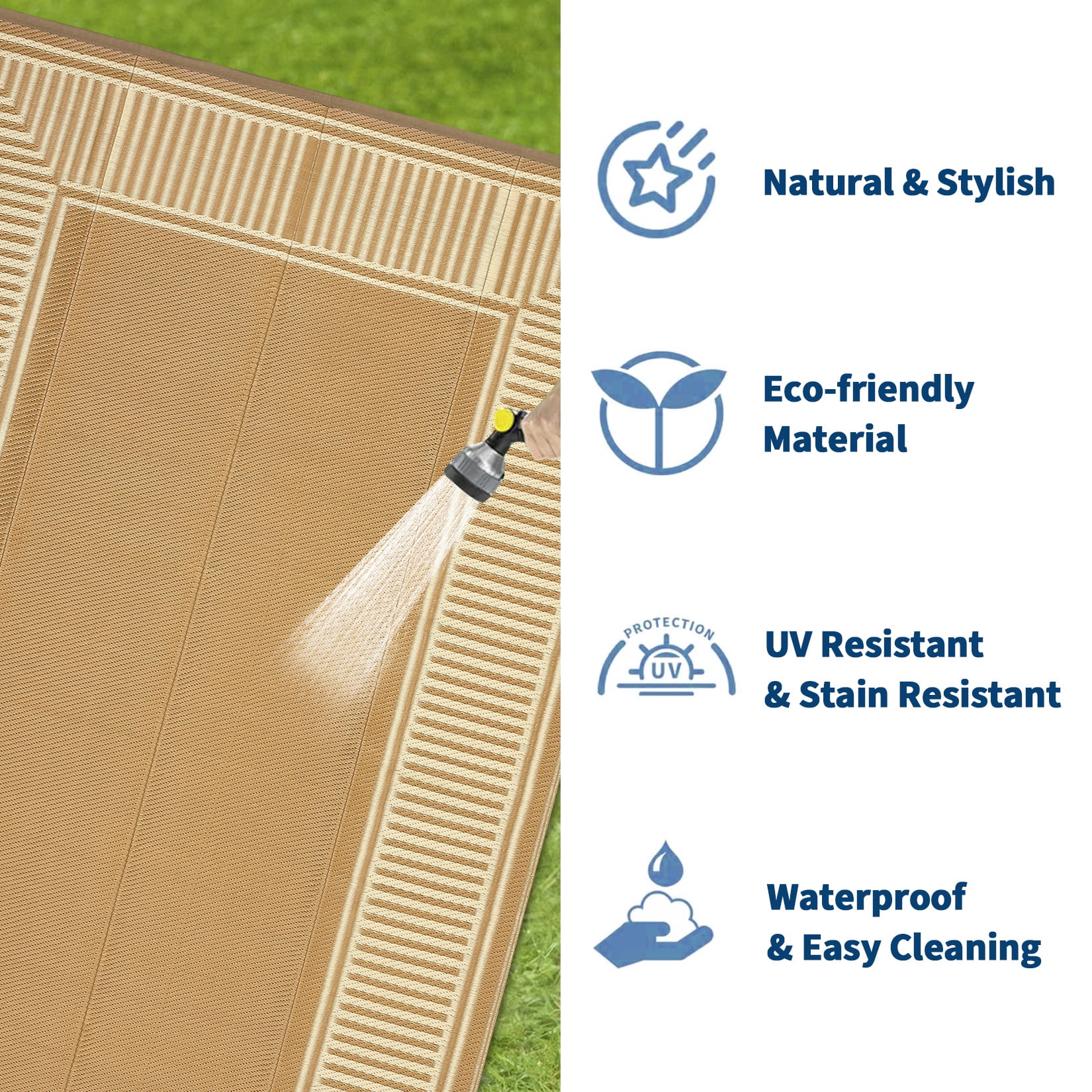Garvee 8'x10' Outdoor Rug Waterproof Plastic Straw Rug, Modern Bordered Outdoor Carpet UV-Resistant Reversible Mat for Patio RV Deck Beach Porch, Coffee