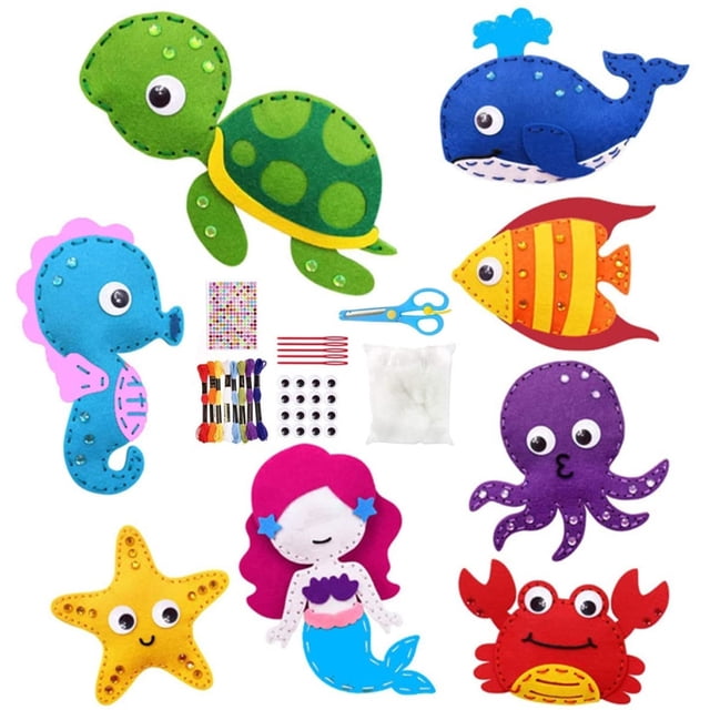 Kit de costura de fieltro para niños, 8 piezas, juego de fieltro para niños, animales del océano, juego de costura para principiantes, características mejoradas