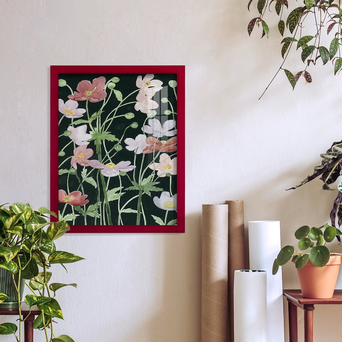 Anemone Dance III -Framed Print w/glass-Cherry Red