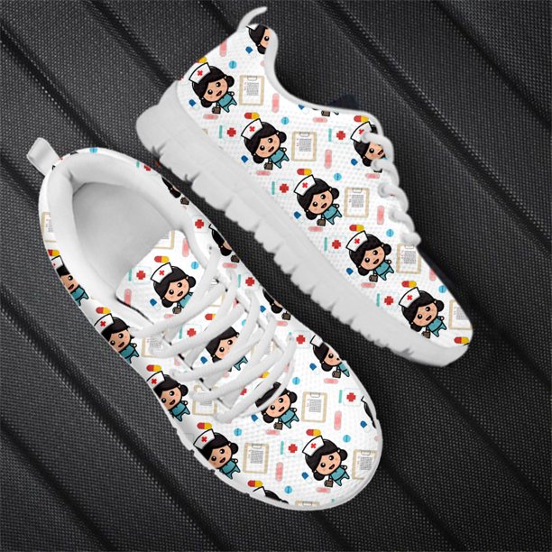 Zapatos planos de mujer con diseño de marca de enfermera kawaii, zapatillas de enfermería casuales a la moda, lindos zapatos con cordones con estampado médico para caminar para estudiantes