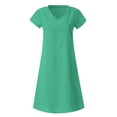 thumbnail image 4 of Womens Cotton Linen Midi Dress Summer Solid Color Short Sleeve V-Neck T-Shirt Dresses Plus Size Flowy Beach Dress, Limited Time Offer, Under 10 Dollars, 4 of 5