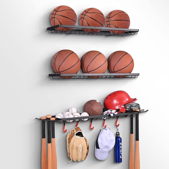 Sports Equipment Storage Rack,Wall Mount Ball Storage Racks for garage, 3 Separate Ball Storage Organizer for Basketball, with Hooks