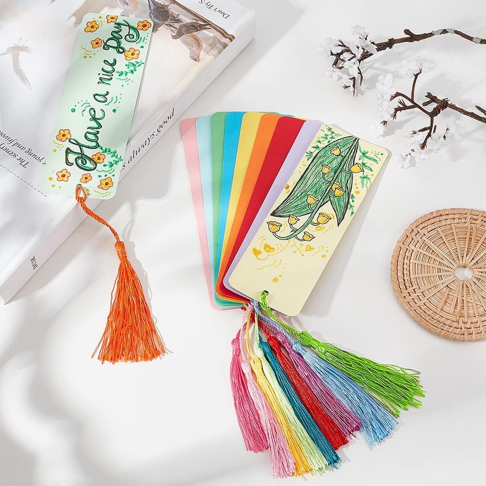 100pcs 10 Colors Kraft Paper Blank Cardstock Bookmarks 100pcs 10 Colors Bookmark Tassels for DIY Book Markers Gift Tag Crafts Making Party Decoration Classroom Projects
