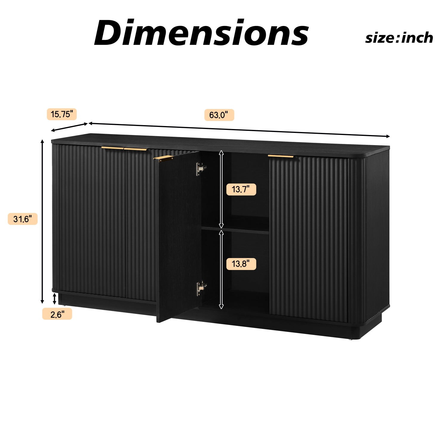 63" Buffet Cabinet with Storage, Black Sideboard Cabinet with 4 Doors, Curved Wave TV Stand Credenza Console Cabinet for Living Room, Dining Room, Bedroom, Hallway