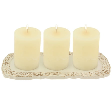 Candle Plate - Stonebriar Collection Rectangle Worn White Ceramic Cross Candle Plate