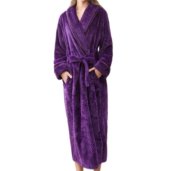 Baberdicy Unisex Loungewear, Purple Women's Long Sherpa Robe – Winter Bathrobe for Spa Days, Cold Mornings & Dorm Lounging | Hooded, Tie Belt, Deep Pockets, Unisex Sizing M