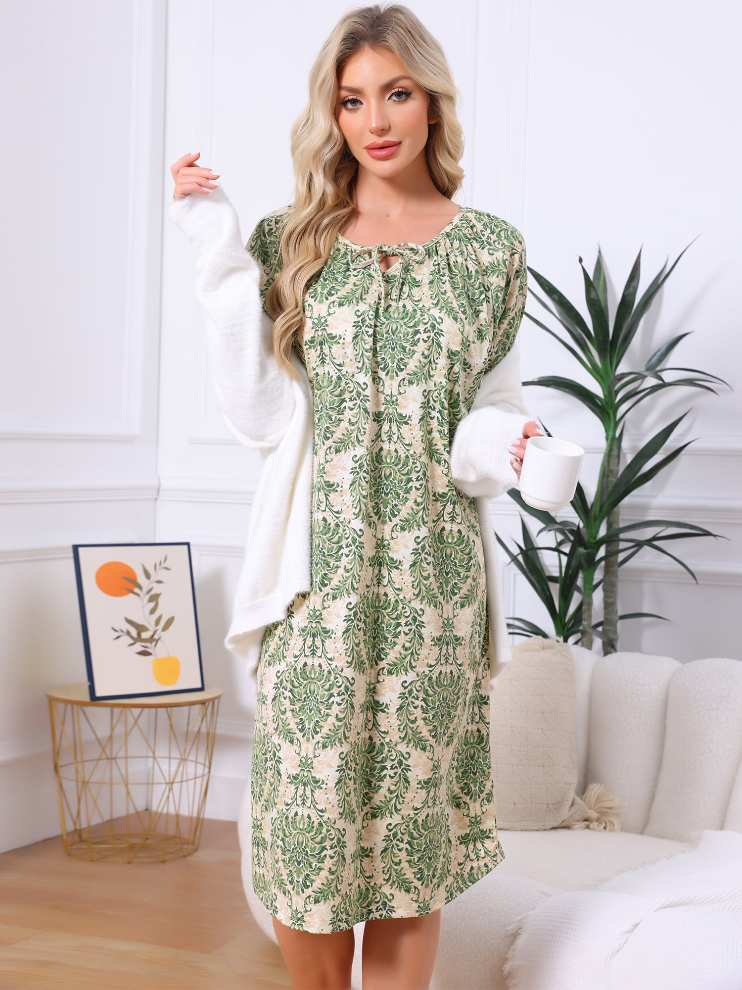 DARING DIVA Women's Long Sleeve Round Neck Nightshirt with Pocket M Green Floral