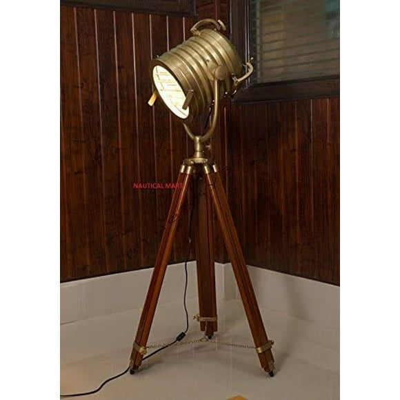 Industrial Vintage Nautical Searchlight Adustable Tripod Floor Lamp Brass Patina Finish Industrial Nautical Floor Lamp