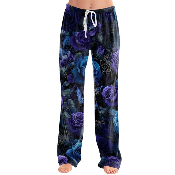 Halloween Pajama Pants for Women, Neon Splatter Pumpkin & Spiderweb Print Wide Leg Lounge Bottoms with Drawstring Waist, Soft Breathable Sleep Trousers, 1 Pair Blue L