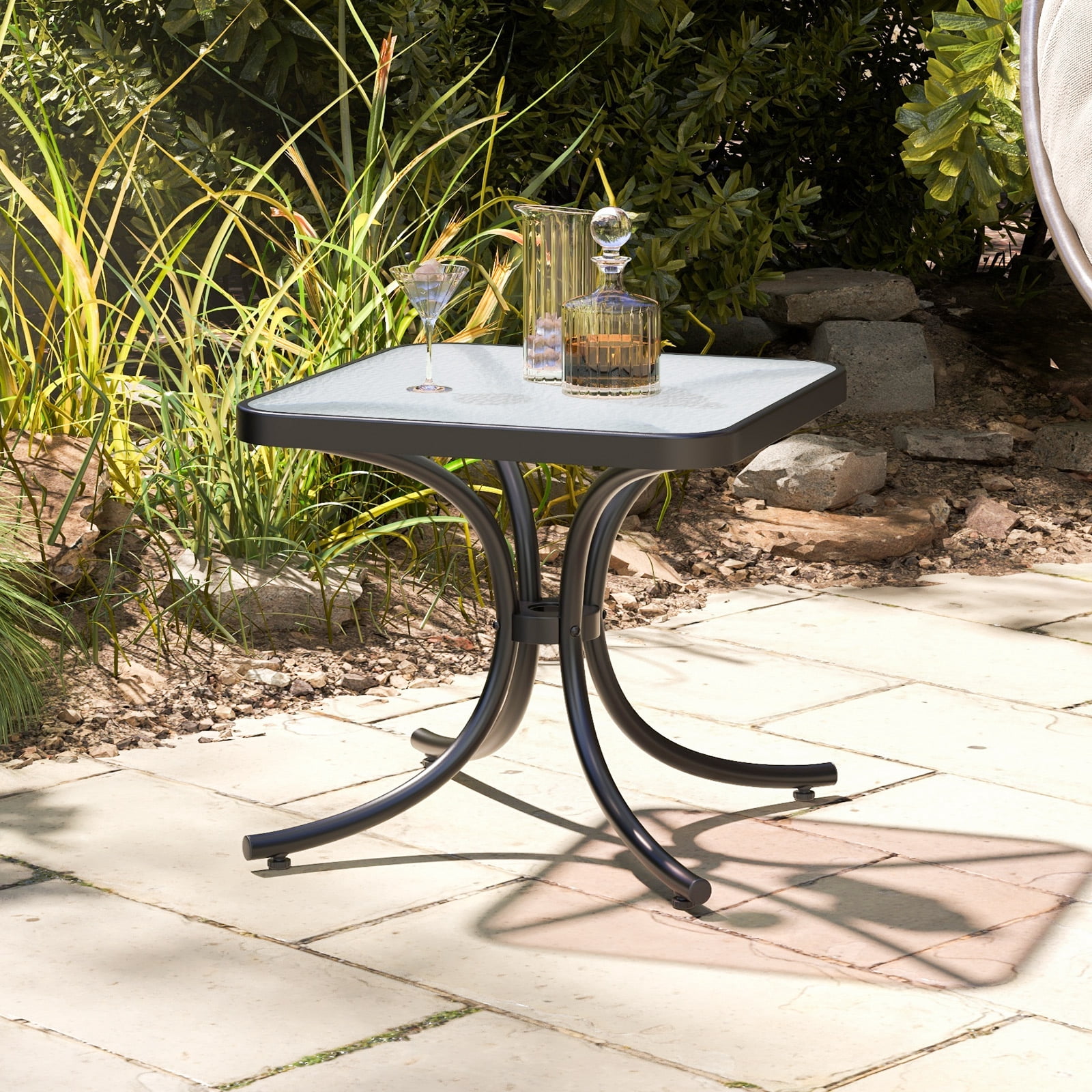 BLACK JAGUAR Tempered Glass Top Patio Table, 20" Outdoor Side Table w/ Heavy-duty Metal Frame Patio Square End Table