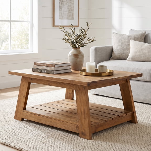 Fnova 31.5‑Inch Square Solid‑Wood Coffee Table, 2‑Tier Slatted Storage Shelf, A‑Frame Leg Accent Table for Living Room, Den & Casual Lounge Spaces