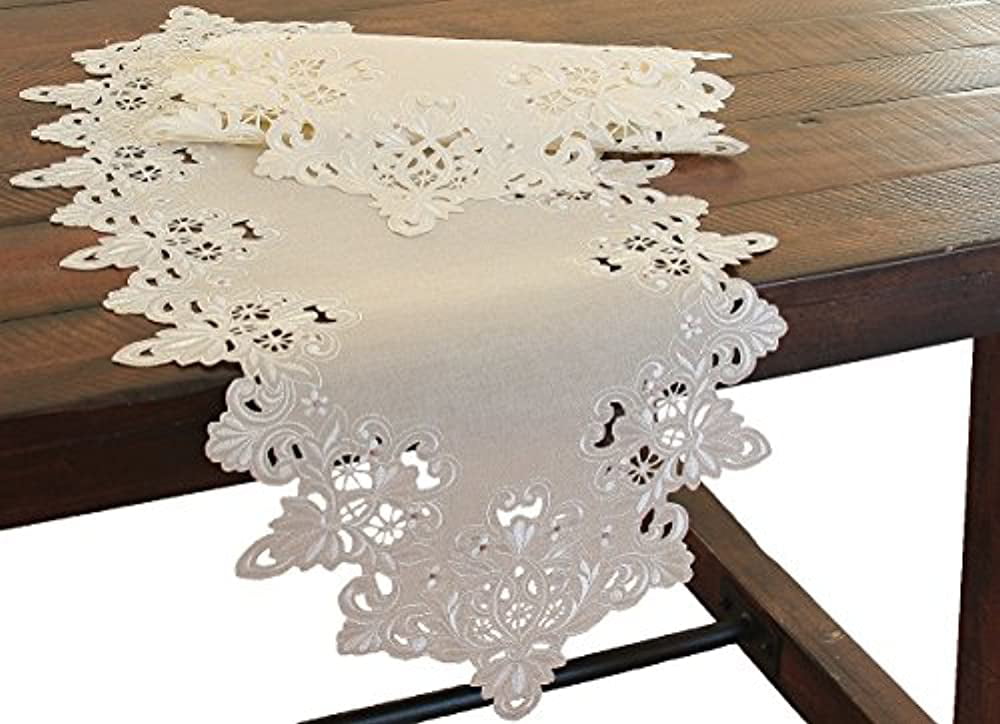 16 by 72-Inch Taupe with White Xia Home Fashions Ruffle Trim Lace Table Runner