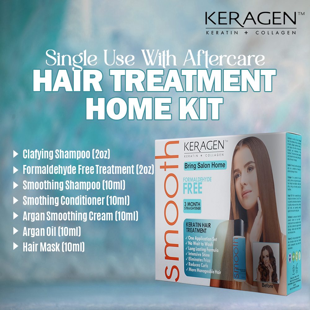 Keragen - Brazilian Keratin Hair Smoothing Treatment Express Home Kit - Blowout Straightening System, with 2 Oz Formaldehyde Free Treatment, 2 Oz Clarifying Shampoo and Aftercare Samples