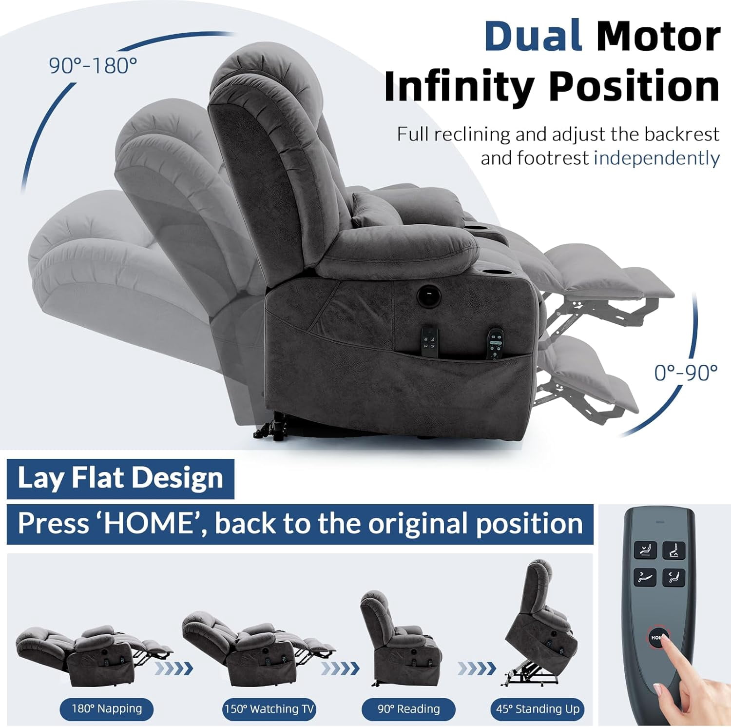 Large Dual Motor Lay Flat Power Lift Recliner Chair with Extended Footrest, Heat Massage, Oversized Electric Recliner for Big Tall Elderly, Lumbar Pillow, USB & Type-C Ports, Gray