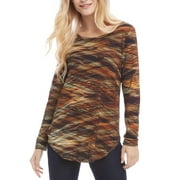 Karen Kane Women's Blouse Curved Hem Stripe Long Sleeve Brown XL
