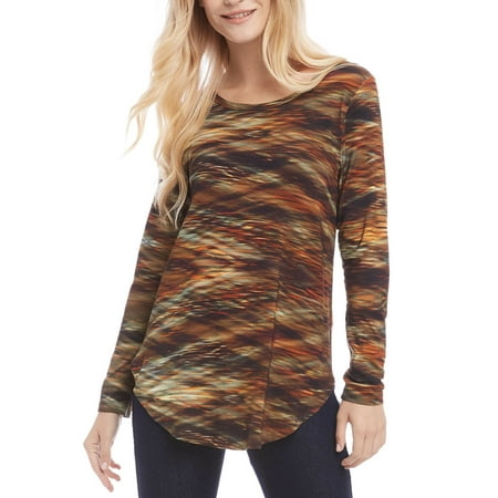Karen Kane Women's Blouse Curved Hem Stripe Long Sleeve Brown XL