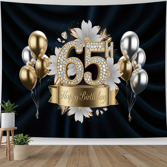 Happy 65th Birthday Backdrop Gold Silver Balloons 65th Birthday Photography Background White Floral Golden Glitter Diamond 65 Years Old Birthday Party Decorations Banner Supplies Photo Booth Props