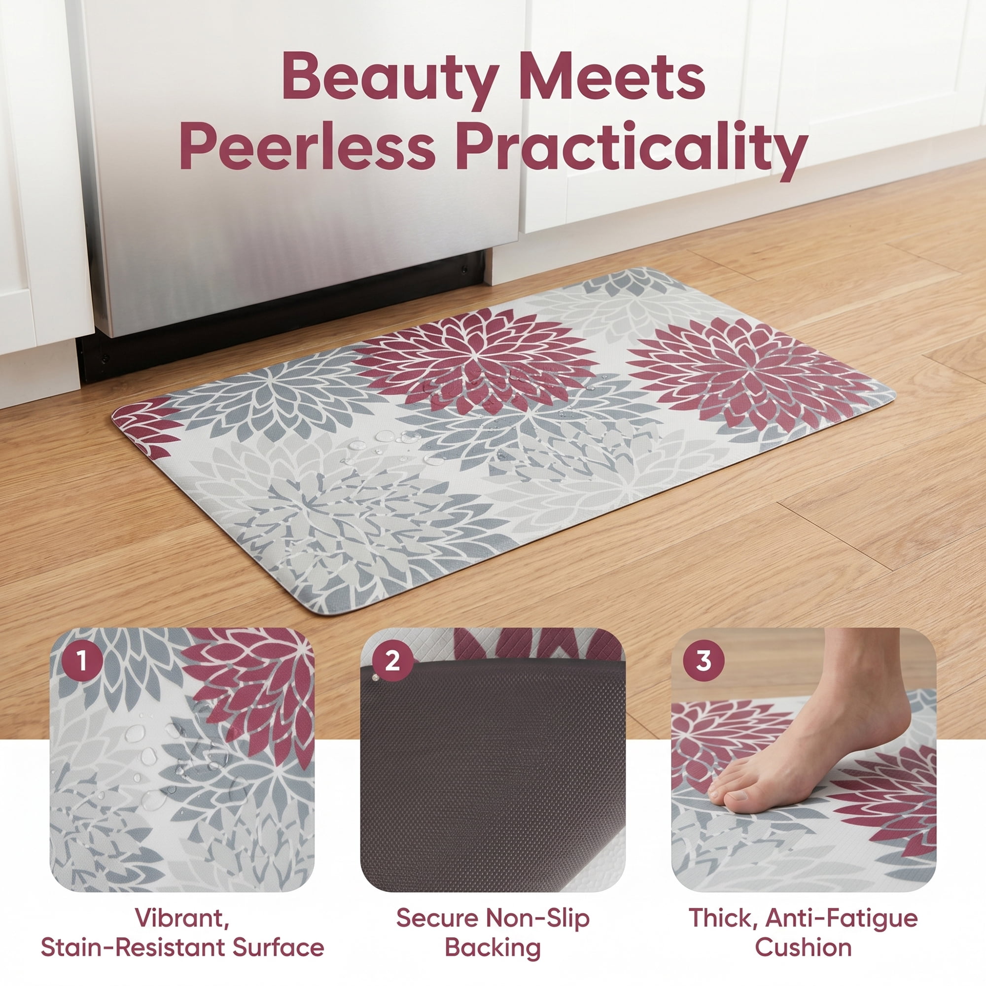 Unique Bargains Ergonomic Kitchen Mats Red 30" x 17"