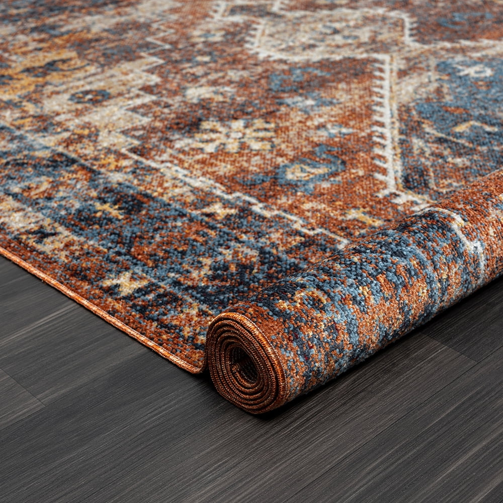 LR Home Han 5' x 7' Blue/Red Medallion Machine Washable Indoor Area Rug