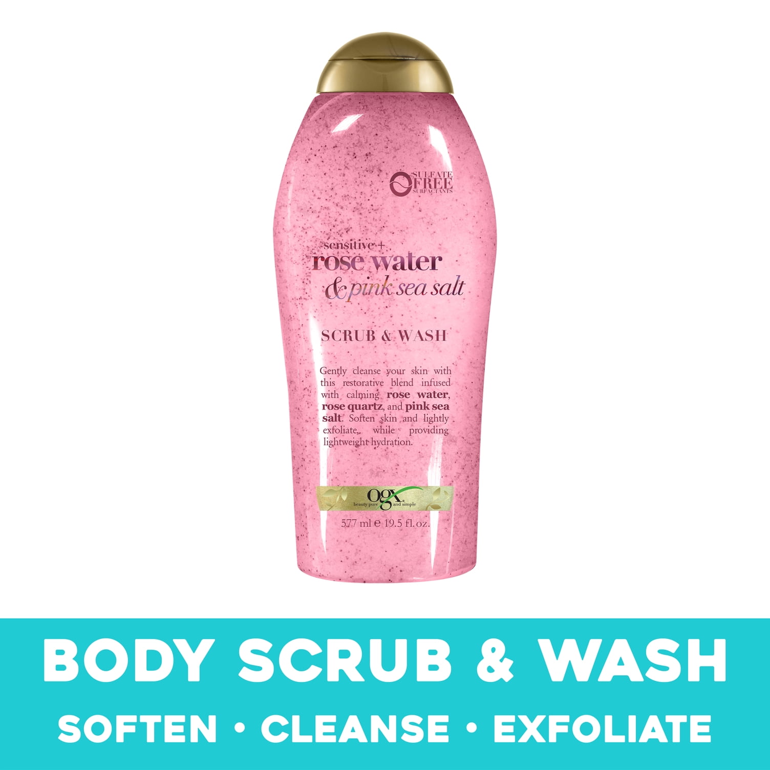OGX Sensitive + Pink Sea Salt & Rosewater Sulfate-Free Soothing Body Scrub with Healing Rose Quartz, Gentle Exfoliating Daily Body Wash, 19.5 Fl Oz