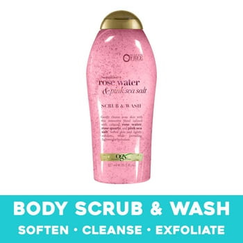 OGX Sensitive + Pink Sea Salt & Rosewater Sule-Free Soothing Body Scrub with Healing Rose Quartz, Gentle Exfoliating Daily Body Wash, 19.5 Fl Oz