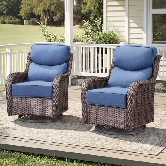 Unnifurnzi Outdoor Swivel Glider Patio Chairs Patio Swivel Chairs Set of 2 with 6 Inch Thick Cushions High Back Patio Chairs for Deck Porch Poolside Balcony-Brown/Blue