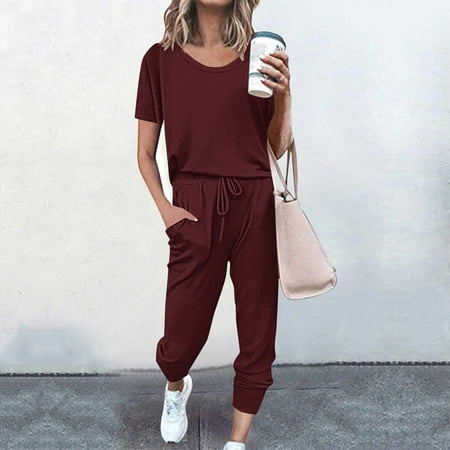 Homenesgenics 2 Piece Outfit for Women Plus Size Fashion Women Summer Solid Button Casual Short SLeeve Top+ Pant Set Red M