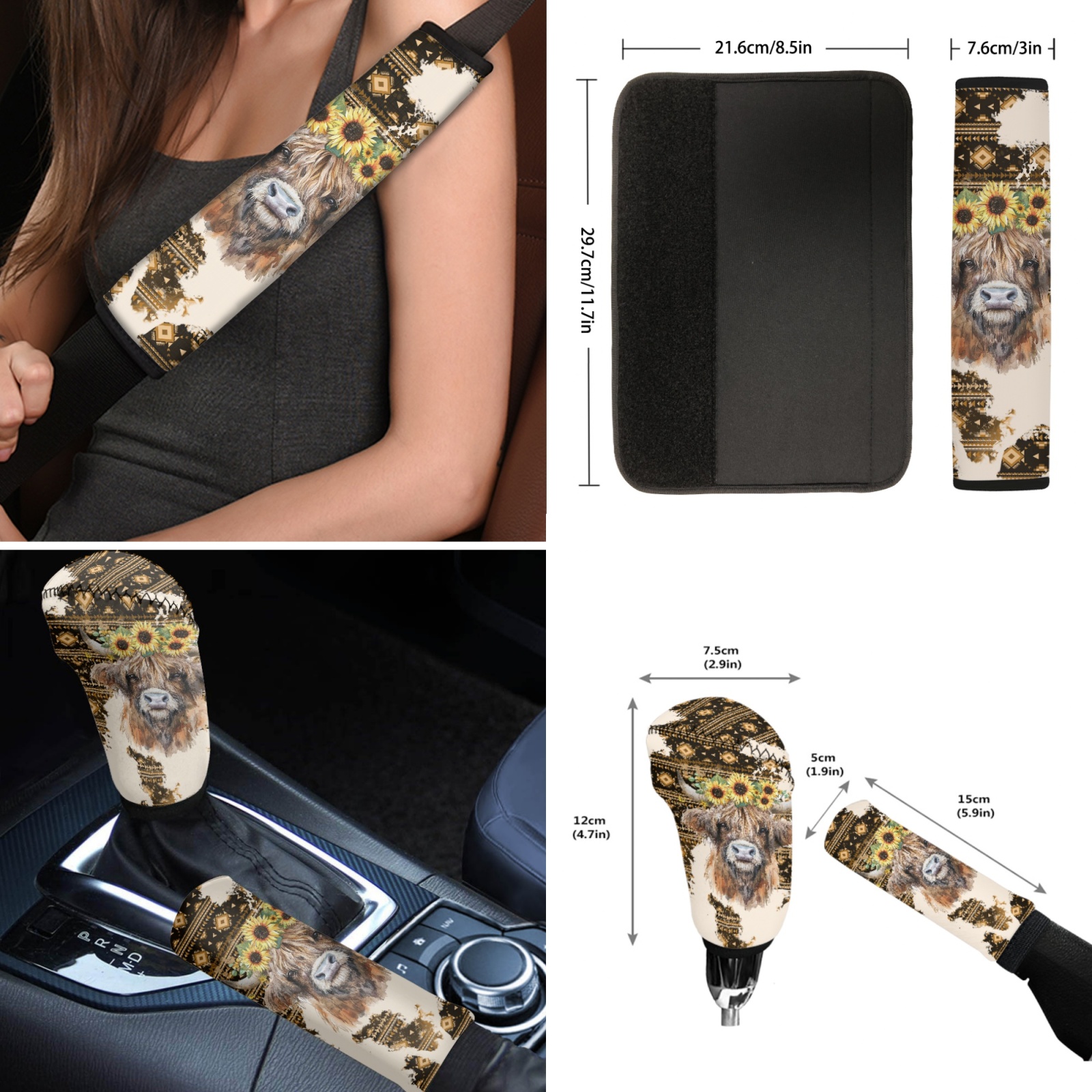Renewold American Tribal Highland Cow Sunflower Brown 12 PCS Car Seat Covers Set for Women, Soft Steering Wheel Cover Seat Belt Pad Armrest Pad Handbrake Cover Gear Shift Cover Coasters