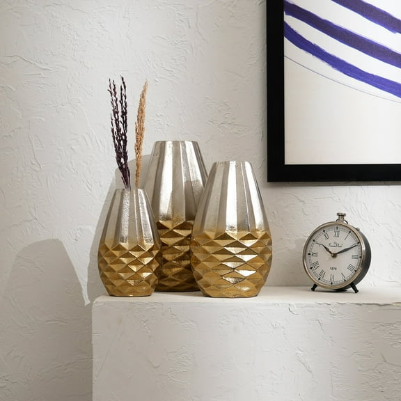 Decorative Golden Beehive Design Aluminum Vases – Set of 3 Gold & Nickel Finish Table Accents