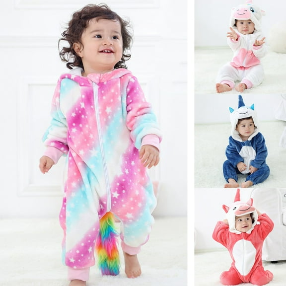 URMAGIC Newborn Baby Cute Unicorn Winter Warm Fleece Zip Up Hooded Jumpsuit with Tail