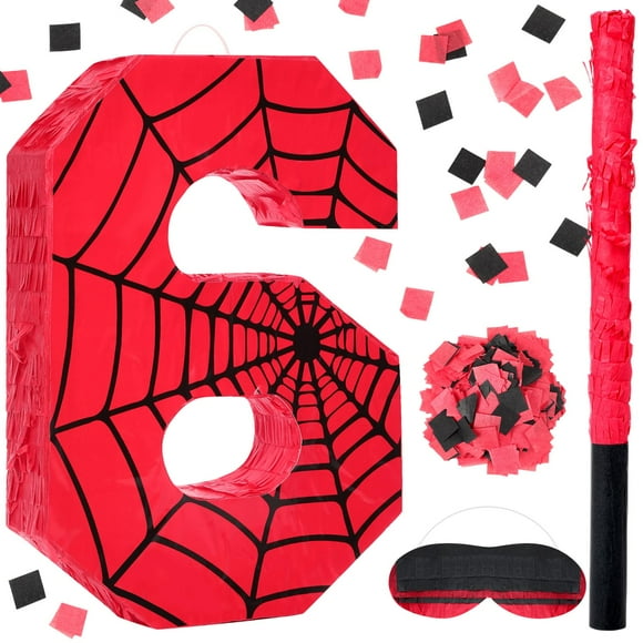 Piñata Simgoing número 6 en tela de araña con los ojos vendados y confeti