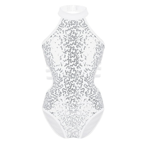YEAHDOR Kids Gymnastics Leotards Girls Sleeveless Shiny Sequins Cutout Back Ballet Bodysuit Athletic Jumpsuit White 12