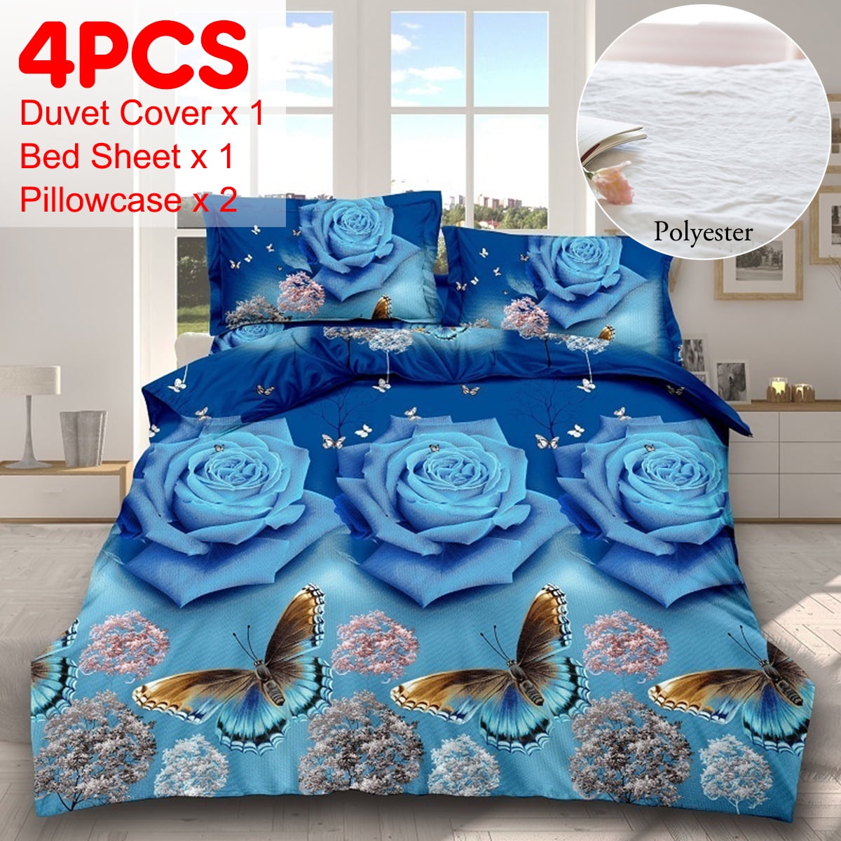 4Pcs Set 3D Rose Print Bedding Quilt Pillowcase Bed Sheet Queen Full Duvet Cover 