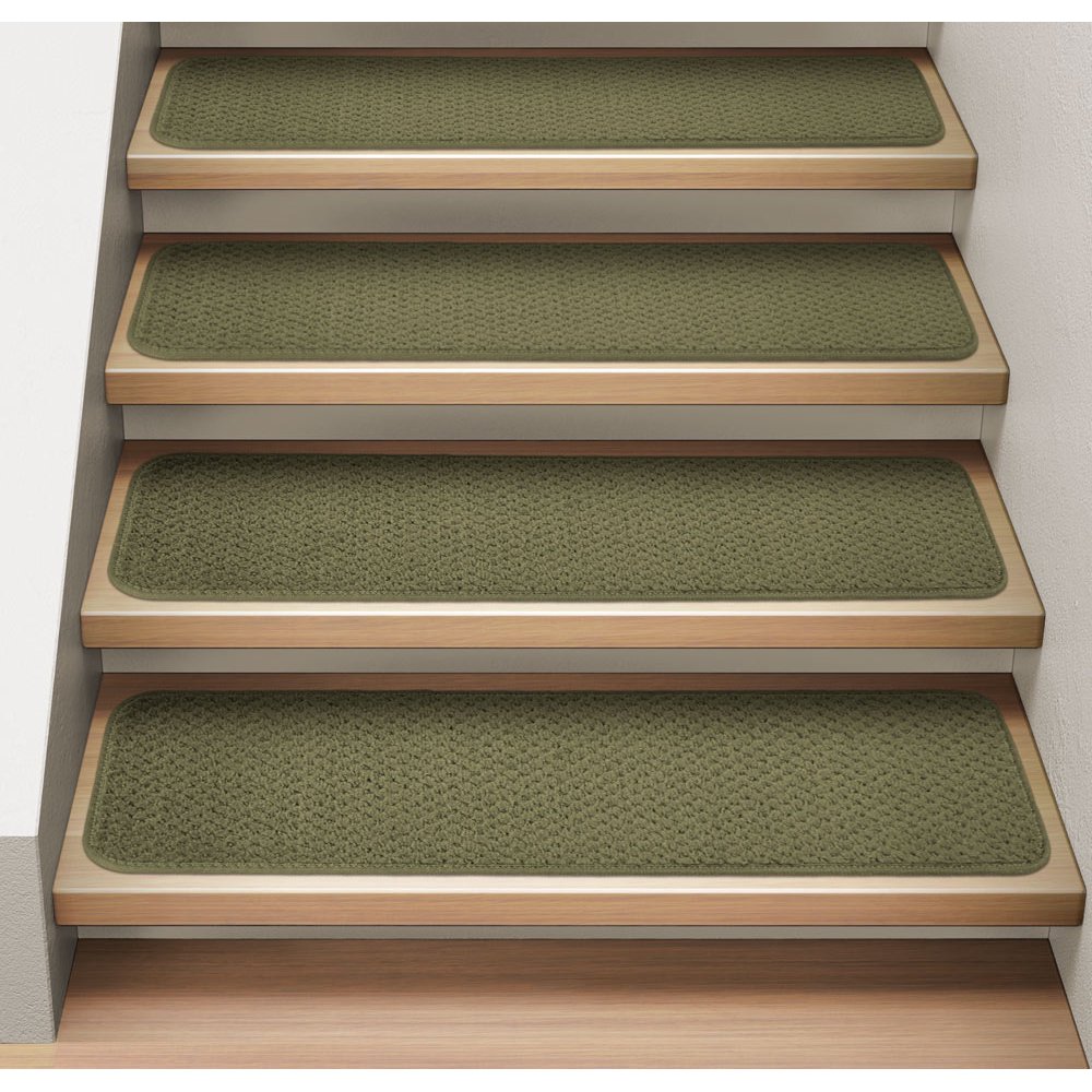 Set of 15 Attachable Indoor Carpet Stair Treads Olive Green 8 In. X