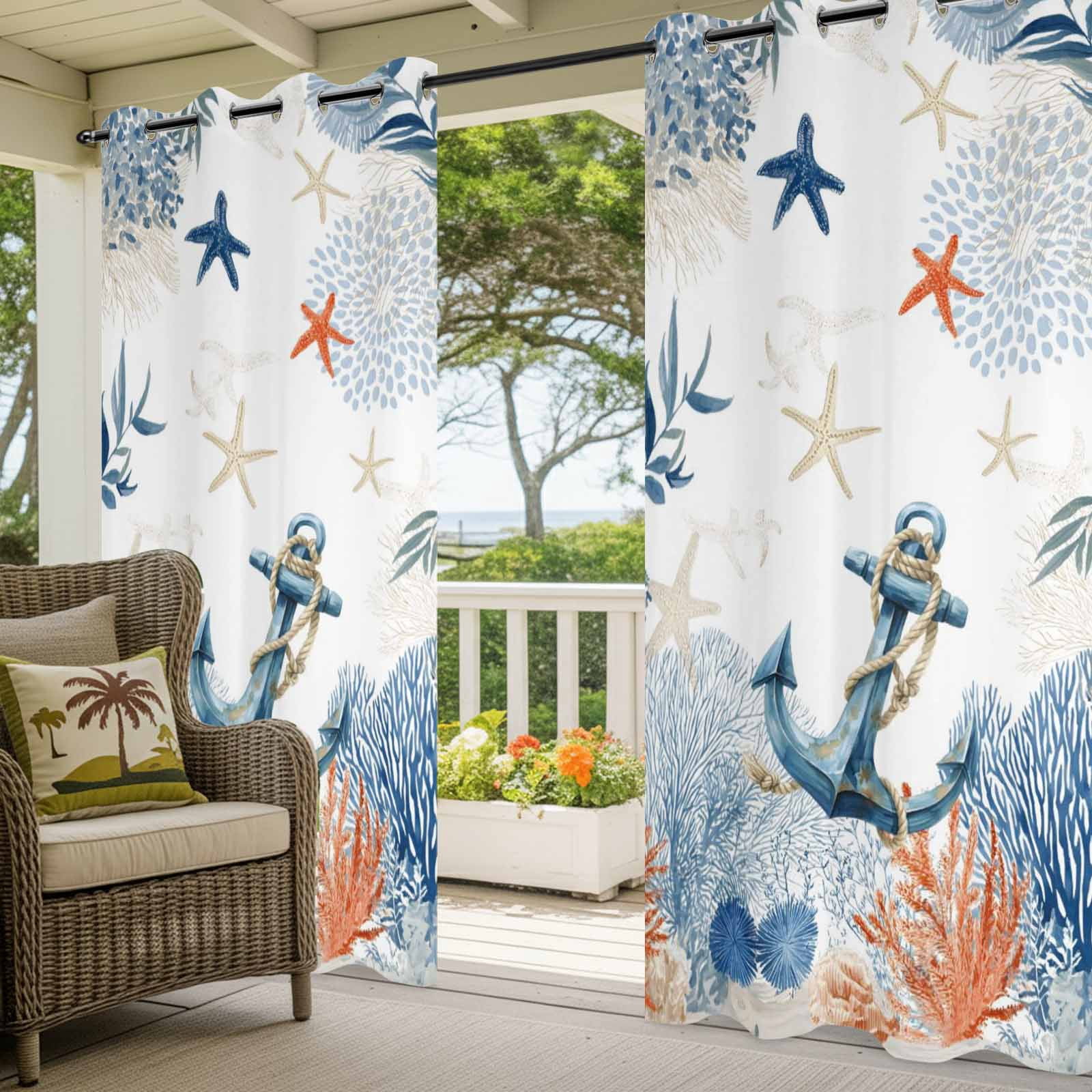 Ocean Anchors Outdoor Curtains for Patio, Orange Blue Summer Sea Corals Shells Starfish Sunshade Privacy Drapes Grommet Waterproof Outside Curtains for Porch/Cabana/Balcony 54"x 108", 1 Panel
